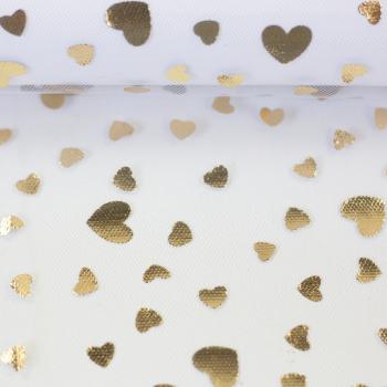 Preview: Tüll Twinkle Herzen weiss/gold