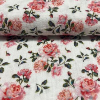 Double Gauze Musselin Rosen auf Weiss