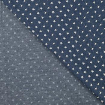 Preview: Leichter Jeansstoff Chambray Kleine Sterne weiß auf Jeansblau