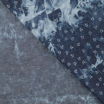 Preview: Leichter Jeansstoff Chambray Kleine Anker weiß auf Jeansblau Batiklook