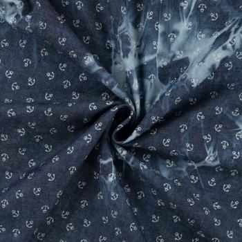 Preview: Leichter Jeansstoff Chambray Kleine Anker weiß auf Jeansblau Batiklook