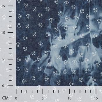 Leichter Jeansstoff Chambray Kleine Anker weiß auf Jeansblau Batiklook