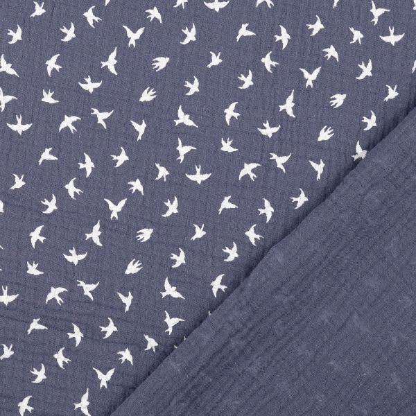 Musselin navy - Vögel weiss