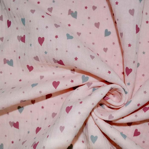 Double Gauze Musselin rosa mit Herzchen