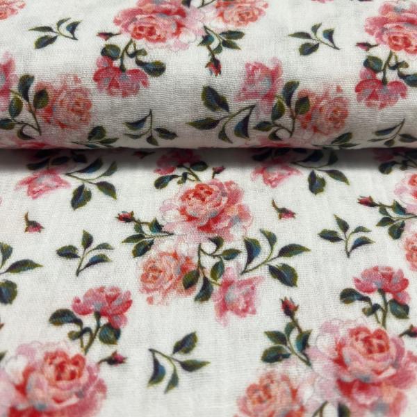 Double Gauze Musselin Rosen auf Weiss