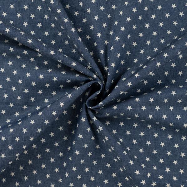 Leichter Jeansstoff Chambray Kleine Sterne weiß auf Jeansblau