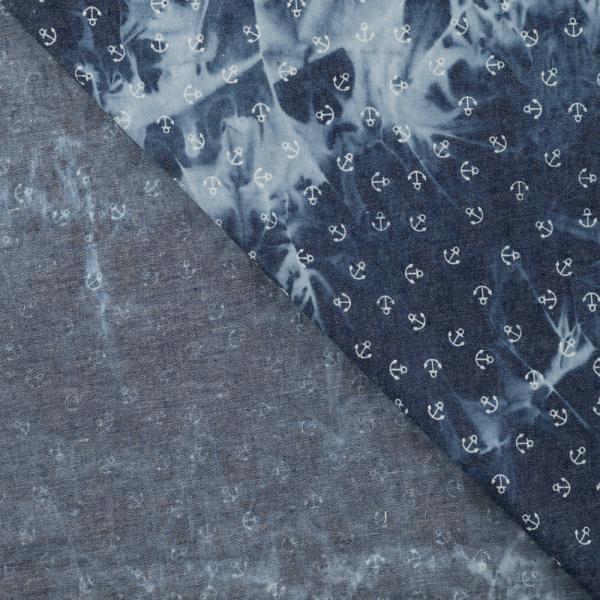 Leichter Jeansstoff Chambray Kleine Anker weiß auf Jeansblau Batiklook